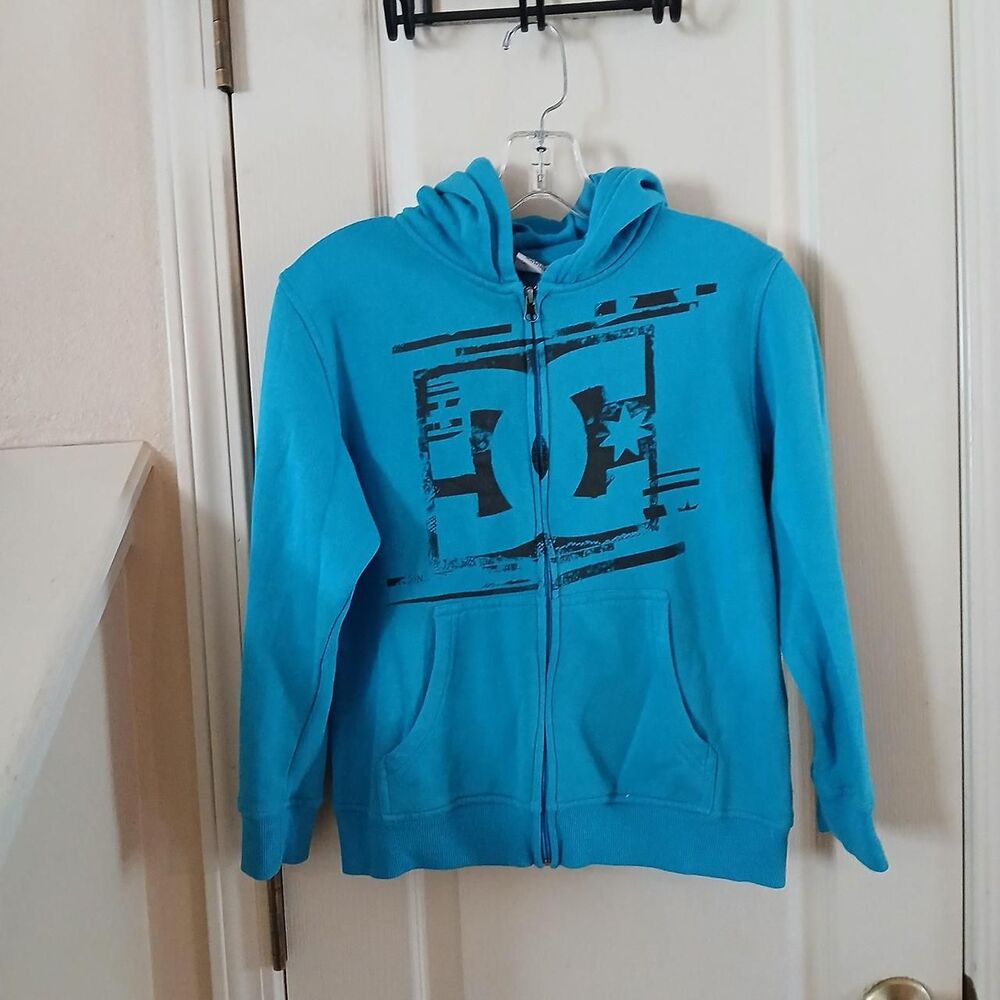 Vintage Y2K DC Shoes Distressed Skater Blue Full Zip Hoodie Kids S (8) Skater